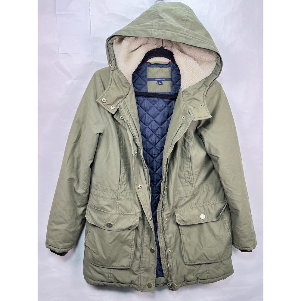 Tommy Hilfiger Coat Womens Size Medium Olive Green Winter Jacket Quilted Lining